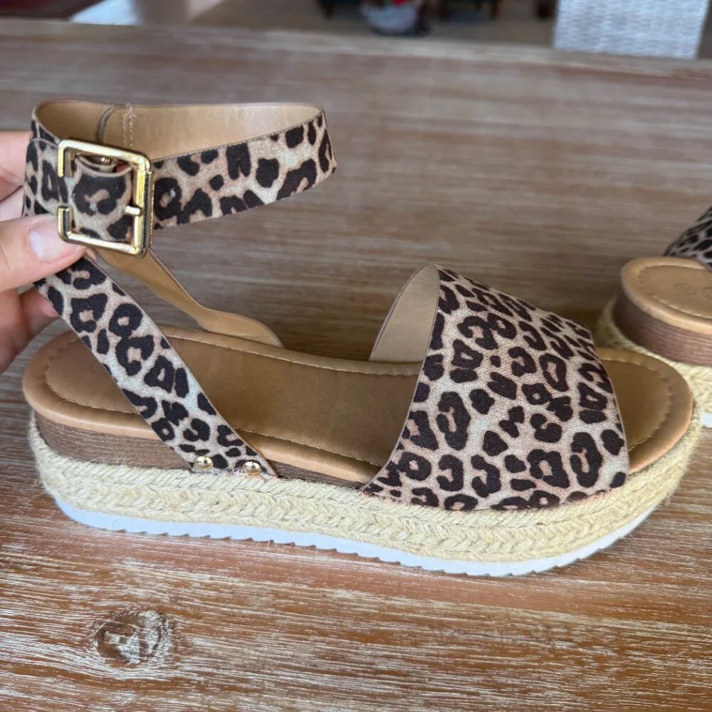Forever Leopard Print Open‎ Toe Ankle Strap Espadrille Size 10